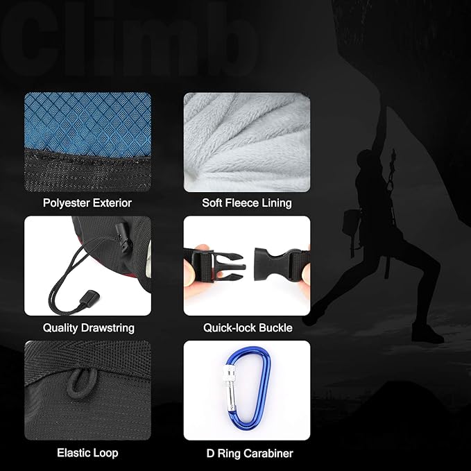 Rhino Valley Climbing Chalk Bag, No Leak Drawstring Chalk Bag with Adjustable Belt, Carabiner Clip and Zippered Pockets Chalk Bag for Climbing, Cross Fit, Weight Lifting & More