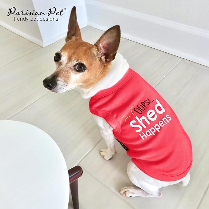 Parisian Pet Dog Tshirt - Embroidered “ Opps Shed Happens “ Dogs Clothes - Breathable and Lightweight Dog Tank Top - Sleeveless Red Doggy Tee Shirts - Machine Washable Shirts for Medium Dogs - M