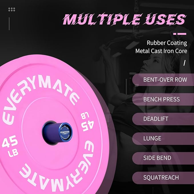 Pink Weight Plates 10LB 15LB 25LB 35LB 45LB Olympic Bumper Plates Grip Weight Plates for Strength Training & Crossfit Steel Inserts Weight Plates Fit 2" Barbells Virgin Rubber Weights