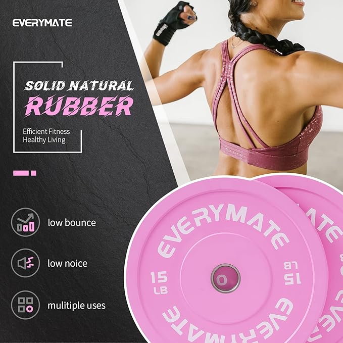 Pink Weight Plates 10LB 15LB 25LB 35LB 45LB Olympic Bumper Plates Grip Weight Plates for Strength Training & Crossfit Steel Inserts Weight Plates Fit 2" Barbells Virgin Rubber Weights