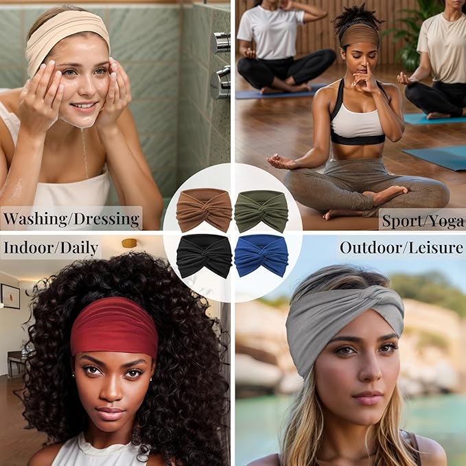 Wide Headbands for Women Yoga Running Sports Headhand Bandana Boho Non Slip Sweat Head Bands Accessories 4 Pack