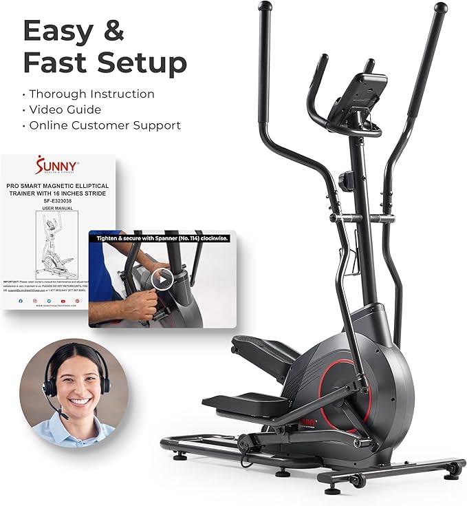 Sunny Health & Fitness 2-in-1 Smart Upright Elliptical Full-Body Exerciser w/Pulse Sensors, Home Cross-Training Cardio Workout Machine, Free SunnyFit App Bluetooth Link, Optional Long Stride Length