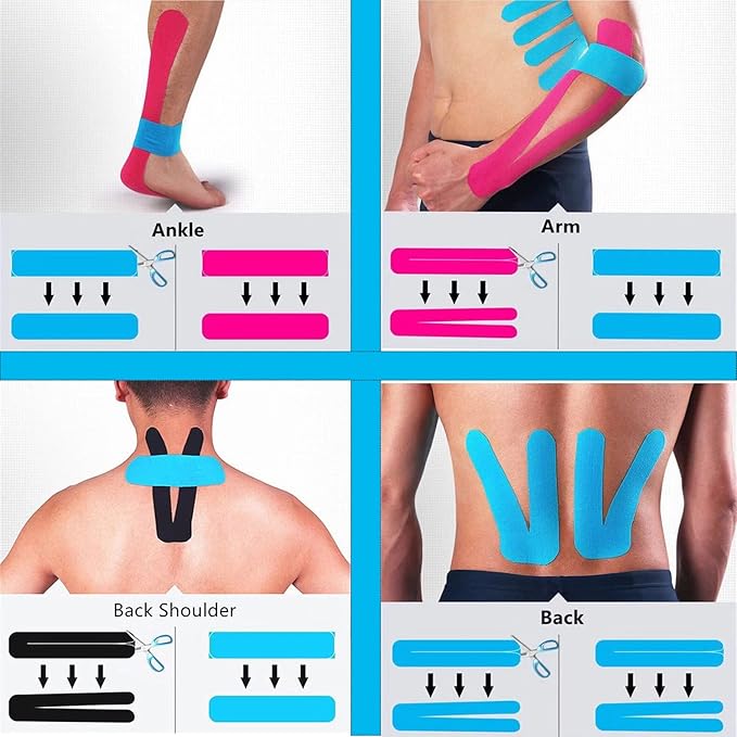 Kinesiology Tape Precut (6 Rolls,120 Precut Strips) Waterproof Sports & Athletic Tape Therapeutic Physio Elastic Sports Tape Pain Relief Adhesive for Muscles Shin Splints Ankle Knee & Shoulder(Black)