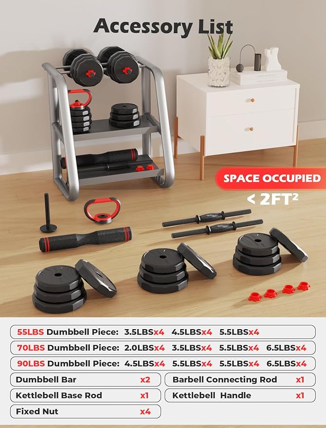 Adjustable Dumbbells, 20/30/40/55/60/70/80/90lbs Free Weight Set with Connector, 2 or 3 in 1 Dumbbells Used as Barbell, Kettlebells, Fitness Exercises for Home Gym Suitable for Men/Women