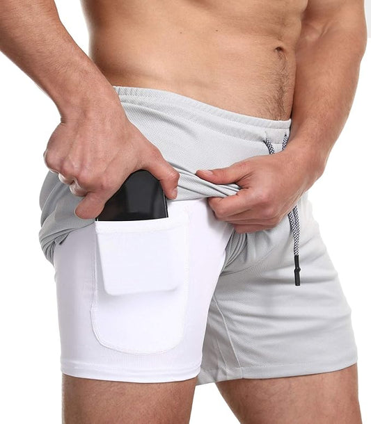 EVERWORTH Men's 2-in-1 Bodybuilding Workout Shorts Lightweight Gym Training Short Running Athletic Jogger with Zipper Pockets