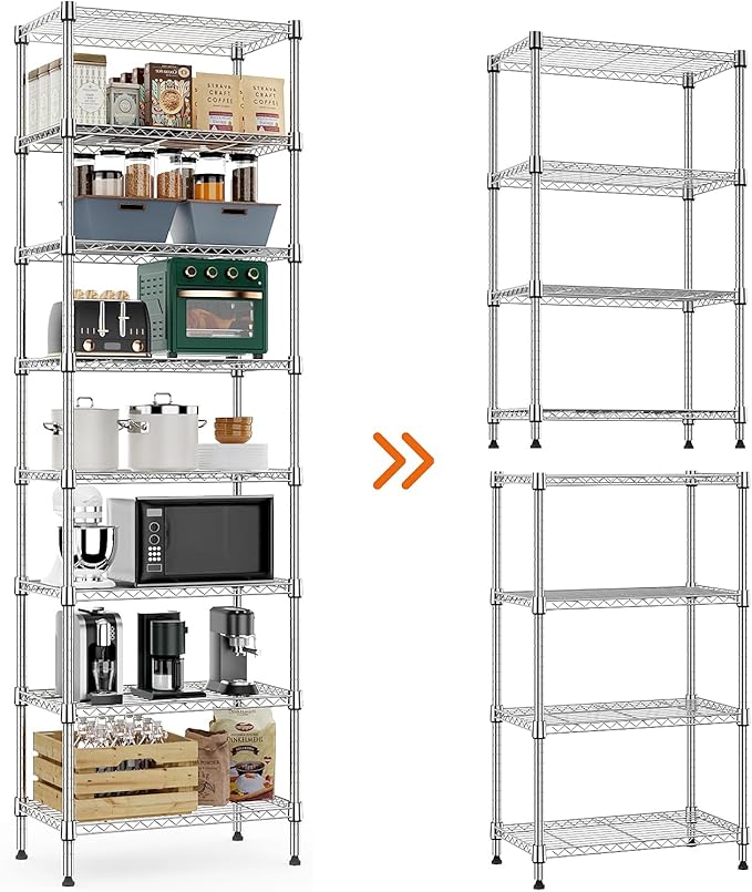 MZG 8 Tier 2000 lbs Storage Rack Metal Wire Shelving Unit, Storage Standing Shelf Organizer for Laundry Bathroom Kitchen Pantry Closet Garage Basement Utility Room, Chrome 13.8" D x 23.6" W x 79.5" H
