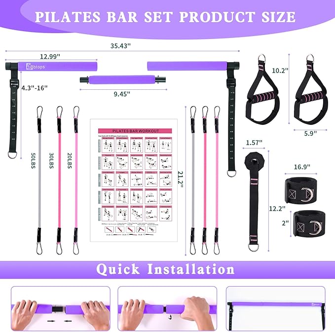 Pilates Bar Kit with Resistance Bands,Pilates Bar with Stackable Bands Workout Equipment for Legs,Hip,Waist and Arm,Exercise Fitness Equipment for Women & Men Home Gym Yoga Pilates