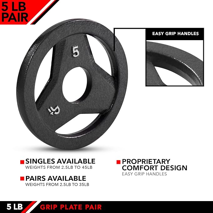 JFIT Olympic 2" Cast Iron Grip Plate OR 2" Rubber Bumper Plates for Barbell - Singles OR Pairs - 6 Weights Available (2.5lbs to 45lbs) Plates for Strength Training, Weightlifting, Bodybuilding
