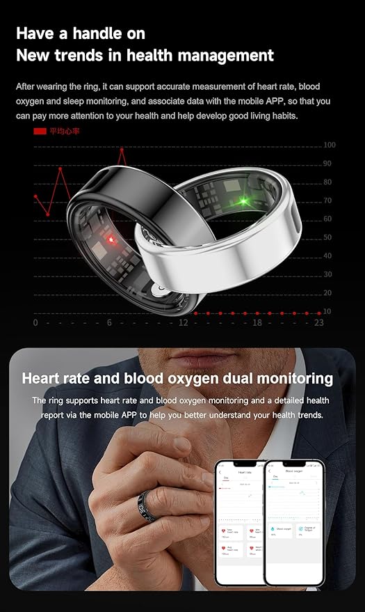 Fitness Tracker Ring, Smart Ring with Display & Charging Case, Accurate Monitoring of Pedometer, Heart & Temperature, IP68 Waterproof, 5-Day Battery Life, Black