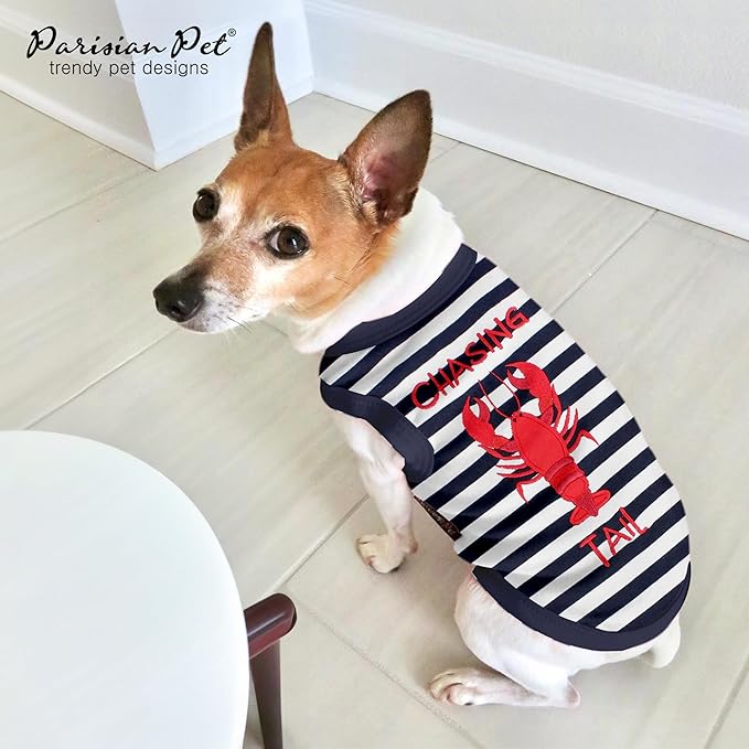 Parisian Pet Dog Tshirt - Embroidered “ Chasing Lobster Tail “ Dogs Clothes - Breathable and Lightweight Dog Tank Top - Sleeveless Doggy Tee Shirts - Machine Washable Shirts for Small Dogs - XS
