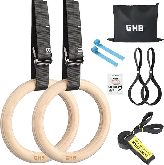 GHB Gymnastic Rings Wooden Gym Rings 1.25'' Training