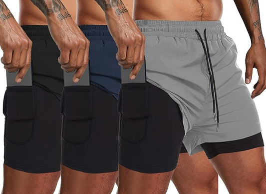 COOFANDY Men's 2 Pack Running Shorts 2 in 1 Workout Shorts Quick Dry Gym Training Athletic Jogger with Phone Pockets