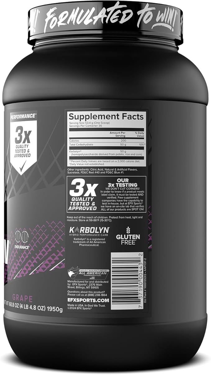 EFX Sports Karbolyn Fuel | Fast-Absorbing Carbohydrate Powder | Carb Load, Sustained Energy, Quick Recovery | Stimulant Free | 36 Servings (Grape)