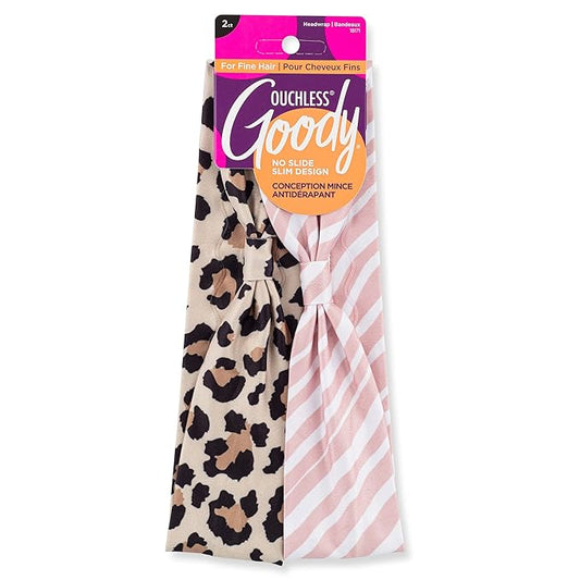Goody Low-Profile Head Wraps, 2 Ct, Cheetah & Stripe, Damage-Free Hold, All-Day Comfort, Soft & Stretchy Head Wraps for Women & Men, Secure Grip Bandeau Headwear for All Occasions, For Fine Hair