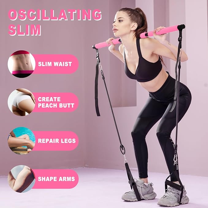 Ultimate Pilates bar kit.Multiple Fitness bar with Resistance Bands, Ab Rollers. Core Strength Training Equipment. Squat Machine for Men and Women. Portable Home Gym