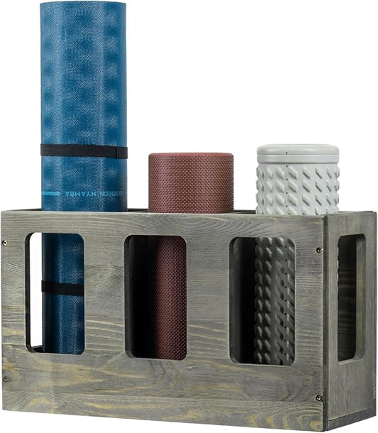 MyGift Wall Mounted Vintage Gray Solid Wood Yoga Mat Holder Fitness Gym Foam Roller Storage Organizer, Floor Standing Sports Exercise Mat Rack