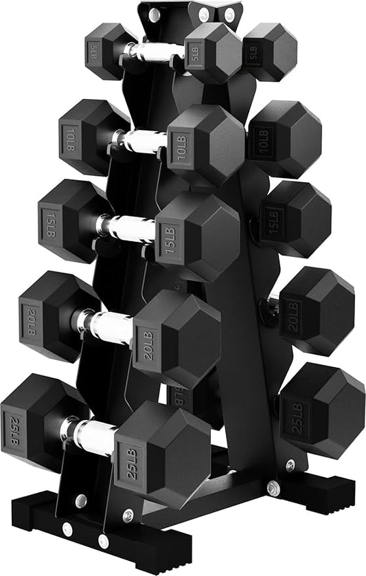BalanceFrom 100LB or 150LB Rubber Coated Hex Dumbbell Weight Set and Storage Rack, 5-20 lbs Pairs, or 5-25 lbs Pairs