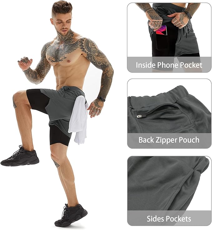 OEBLD Mens Athletic Shorts 2-in-1 Gym Workout Running 7'' Shorts with Towel Loop
