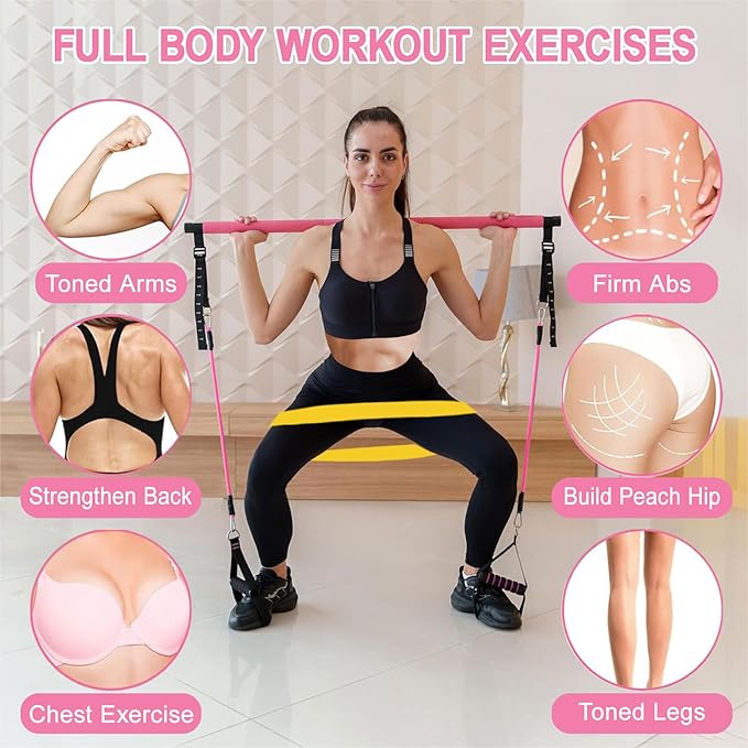 Pilates Bar Kit with Resistance Bands,Pilates Bar with Stackable Bands Workout Equipment for Legs,Hip,Waist and Arm,Exercise Fitness Equipment for Women & Men Home Gym Yoga Pilates