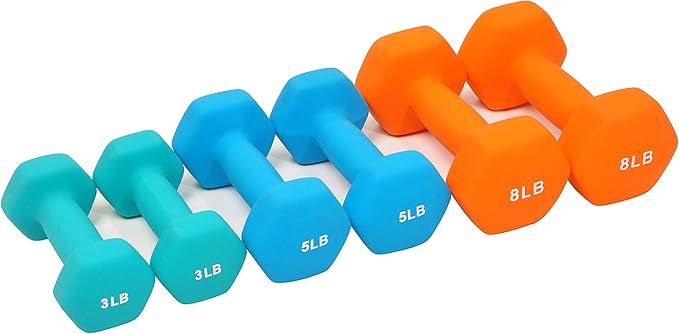 Neoprene Dumbbell Hand Weights, Anti-Slip, Anti-roll, Hex Shape Colorful, Pair or Set with Stand