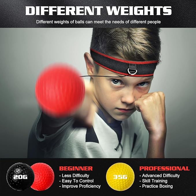 Boxing Reflex Ball Headband Set - Includes 4 Different Balls and 2 Adjustable Headbands for Beginner Proficiency Improvement, Great Boxing Equipment