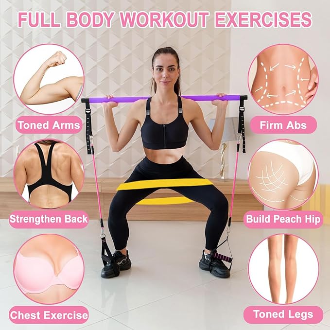 Pilates Bar Kit with Resistance Bands,Pilates Bar with Stackable Bands Workout Equipment for Legs,Hip,Waist and Arm,Exercise Fitness Equipment for Women & Men Home Gym Yoga Pilates