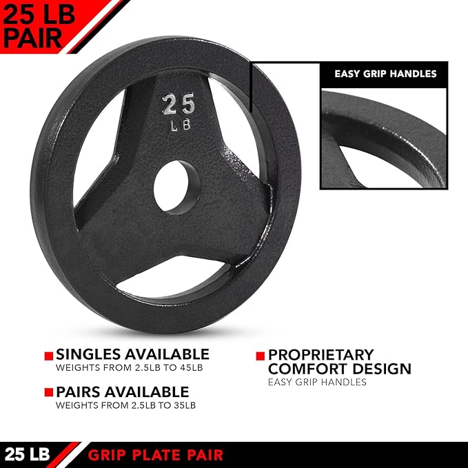 JFIT Olympic 2" Cast Iron Grip Plate OR 2" Rubber Bumper Plates for Barbell - Singles OR Pairs - 6 Weights Available (2.5lbs to 45lbs) Plates for Strength Training, Weightlifting, Bodybuilding