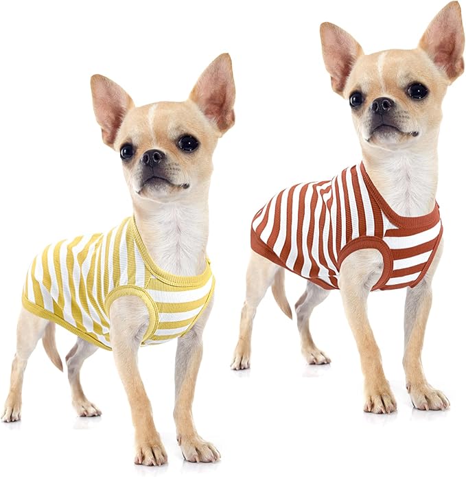 Dog Shirt Striped Dog Clothes Stretchy Vests Soft Cotton for Small Medium Large Dogs Boy Girl Puppy Clothes Lightweight Cat Outfit Kitten Tank Top Apparel T-Shirts Pack-2 Yellow & Rust 3XL