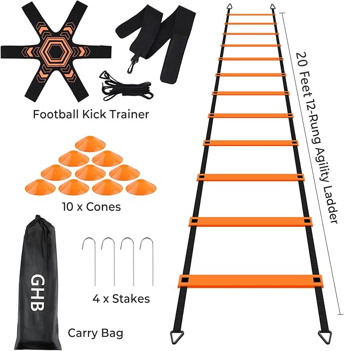 GHB Pro Agility Ladder Soccer Kick Trainer Set 20ft 12 12 Rung10 Rung10 Cones 4 Stakes