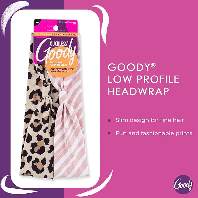 Goody Low-Profile Head Wraps, 2 Ct, Cheetah & Stripe, Damage-Free Hold, All-Day Comfort, Soft & Stretchy Head Wraps for Women & Men, Secure Grip Bandeau Headwear for All Occasions, For Fine Hair