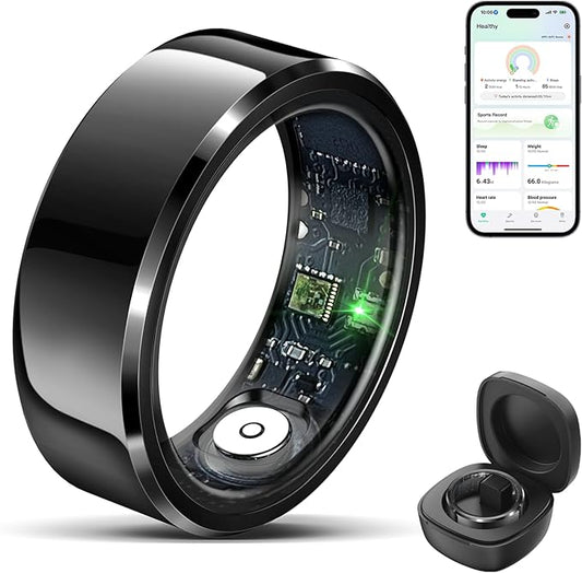 Smart Ring Health Tracker for Men Women, Waterproof Fitness Ring, Bluetooth Connected Health Ring, Activity Tracker Records Steps Distance Calories, Compatible with Android & iOS