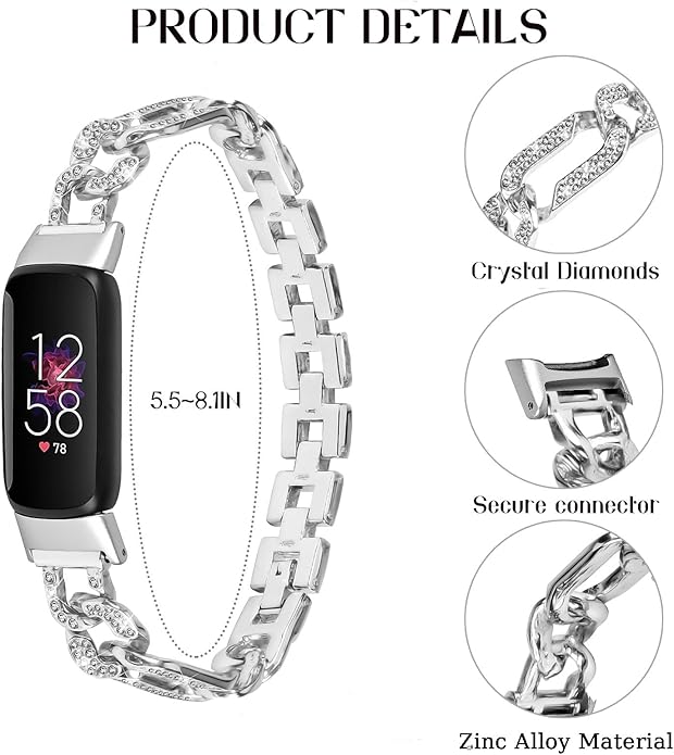 Metal Band Compatible with Fitbit Luxe Bands for Women Shiny Rhinestone Bracelet Strap Adjustable Replacement Bands for Fitbit Luxe Tracker