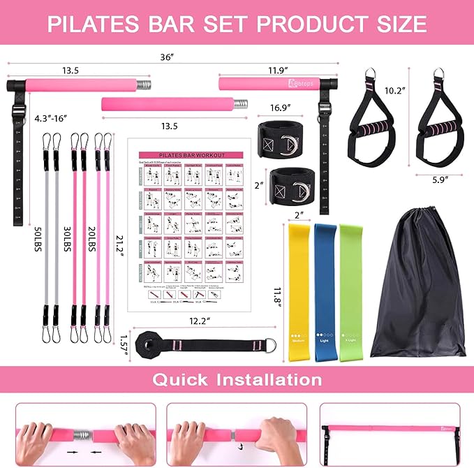 Pilates Bar Kit with Resistance Bands,Pilates Bar with Stackable Bands Workout Equipment for Legs,Hip,Waist and Arm,Exercise Fitness Equipment for Women & Men Home Gym Yoga Pilates