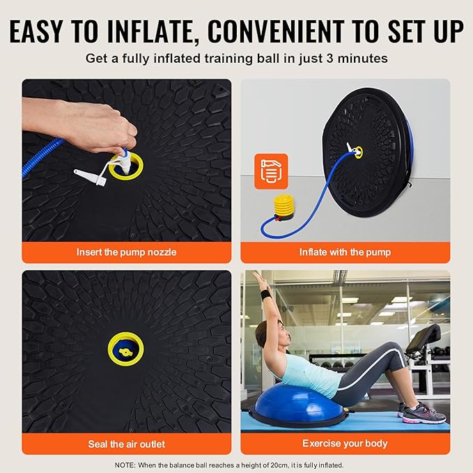 VEVOR Half Exercise Ball Trainer, 23/26 inch Balance Ball Trainer, 1500lbs Capacity Stability Ball, Yoga Ball with Resistance Bands & Foot Pump, Strength Fitness Ball for Home Gym Full Body Workout Black