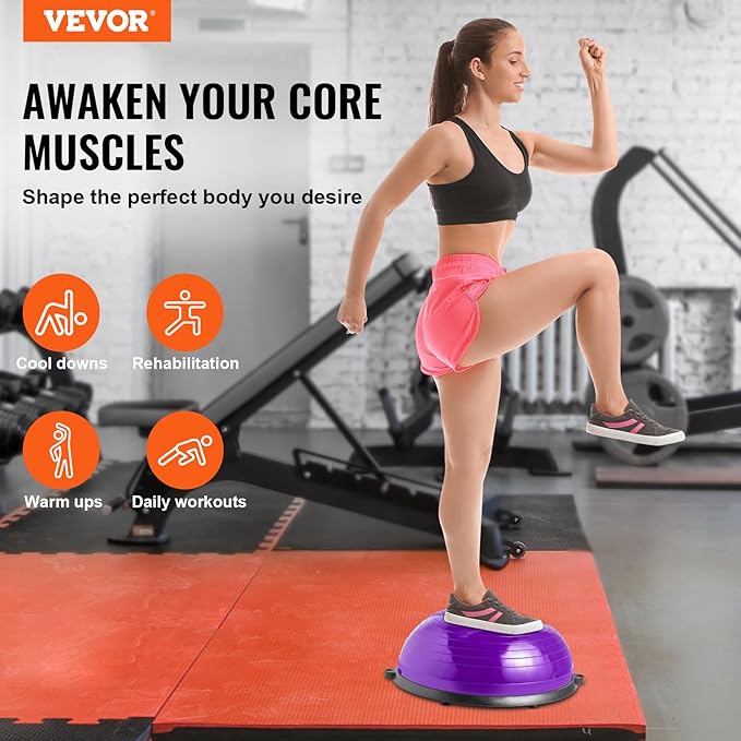 VEVOR Half Exercise Ball Trainer, 23/26 inch Balance Ball Trainer, 1500lbs Capacity Stability Ball, Yoga Ball with Resistance Bands & Foot Pump, Strength Fitness Ball for Home Gym Full Body Workout Black