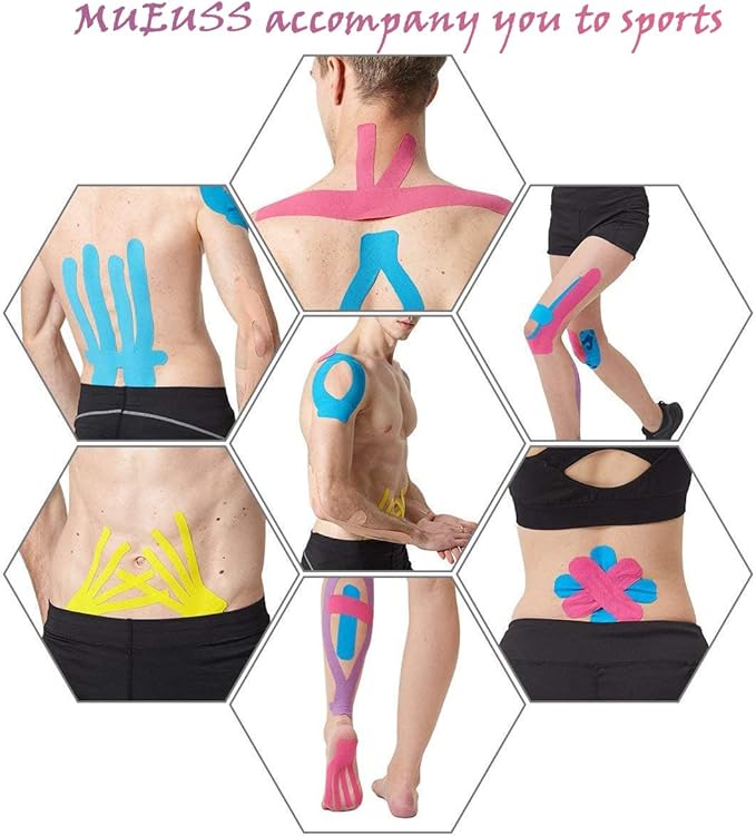 MUEUSS Kinesiology Tape Elastic Cotton Athletic Tape Precut Strips,Waterproof Tape for Protects Muscles,Knees,Shoulders Plantar Fasciitis Pain Relief,Pregnancy Belly Tape (2rolls Dark Blue&Light Blue)