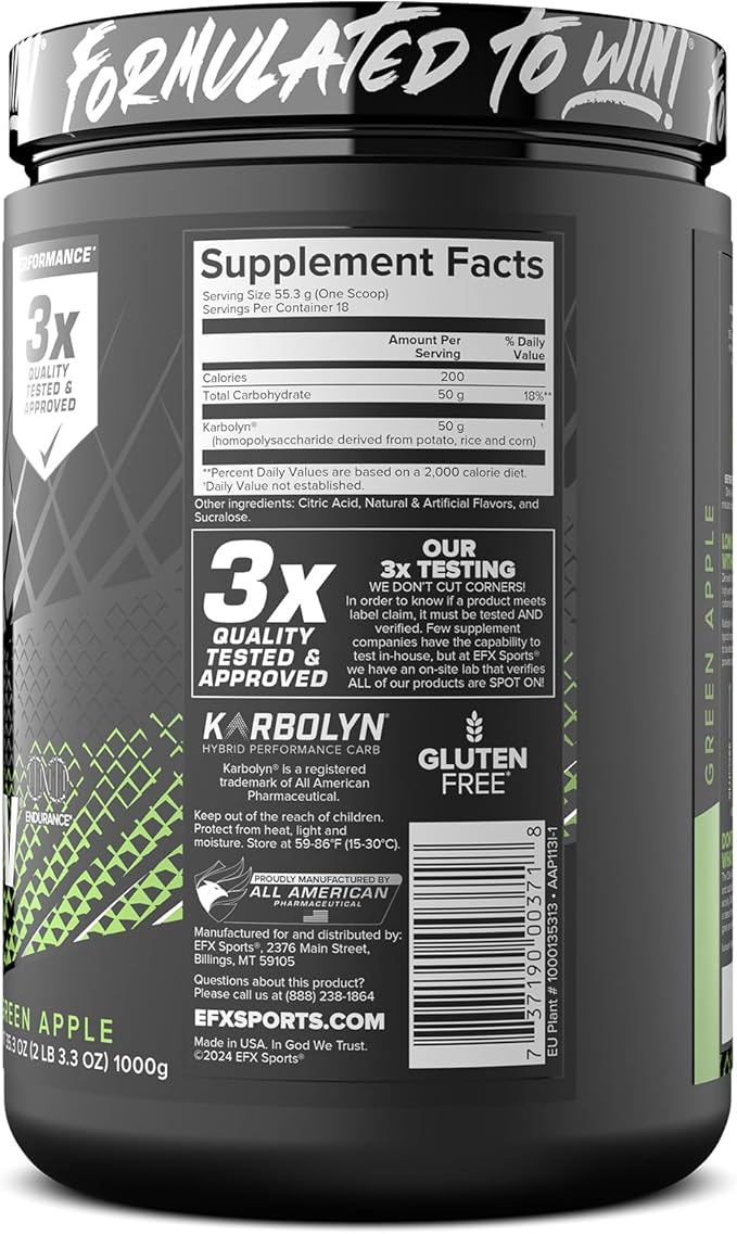EFX Sports Karbolyn Fuel | Fast-Absorbing Carbohydrate Powder | Carb Load, Sustained Energy, Quick Recovery | Stimulant Free | 18 Servings (Green Apple)