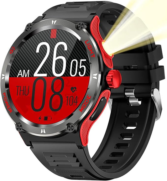 Yihou Smart Watch with Compass and Flashlight, Military Activity Tracker for Android iOS（Bluetooth Call Answer/Dial Calls） Rugged Smartwatch AI Voice Assistant/Heart Rate/Blood Pressure