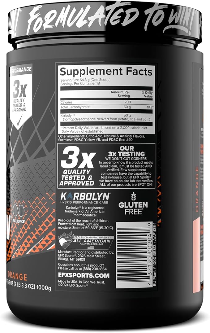 EFX Sports Karbolyn Fuel | Fast-Absorbing Carbohydrate Powder | Carb Load, Sustained Energy, Quick Recovery | Stimulant Free | 18 Servings (Orange)
