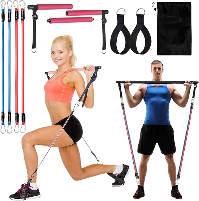 Pilates Bar Kit Perfect for Home Office Gym 4Pcs Resistance 3Pcs Adjustable 2Pcs Feet (10Pcs Set)