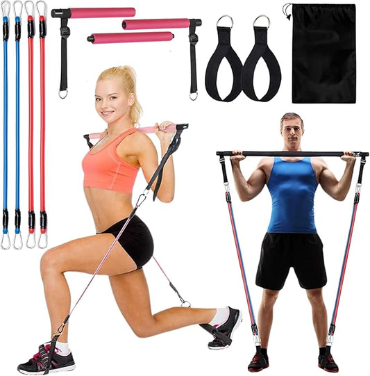 Pilates Bar Kit Perfect for Home Office Gym 4Pcs Resistance 3Pcs Adjustable 2Pcs Feet (10Pcs Set)