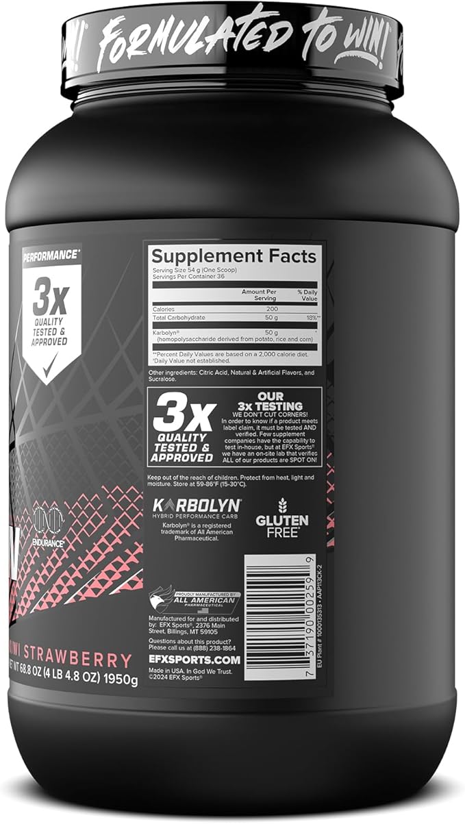 EFX Sports Karbolyn Fuel | Fast-Absorbing Carbohydrate Powder | Carb Load, Sustained Energy, Quick Recovery | Stimulant Free | 36 Servings (Kiwi Strawberry)