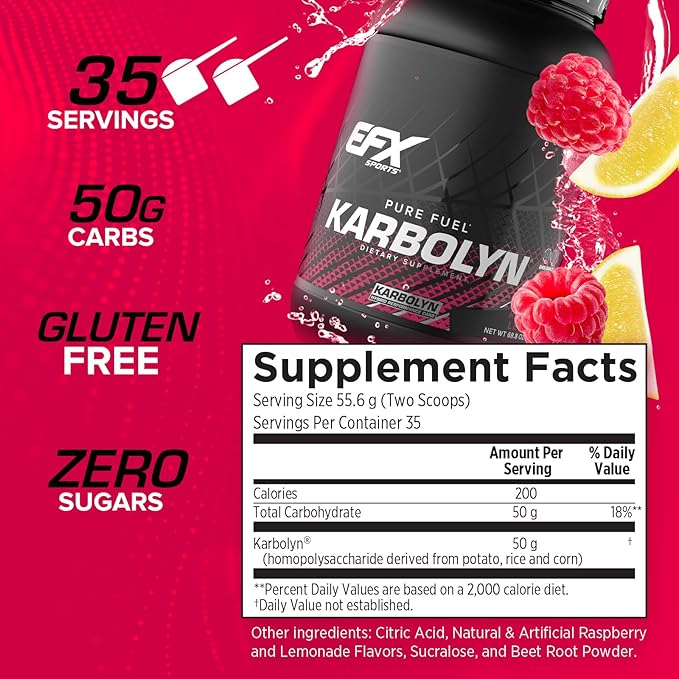 EFX Sports Karbolyn Fuel | Fast-Absorbing Carbohydrate Powder | Carb Load, Sustained Energy, Quick Recovery | Stimulant Free | 35 Servings (Raspberry Lemonade)