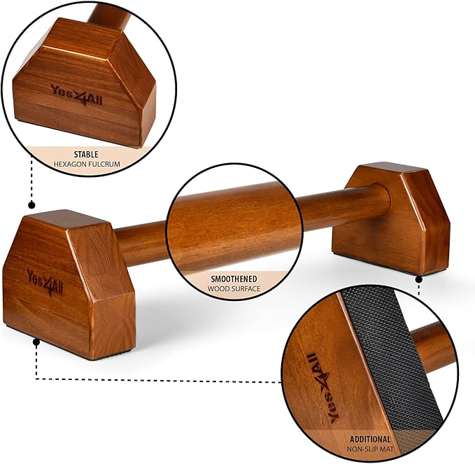 Yes4All Steel/Solid Wood Push Up Stand Parallel Bars Parallettes Non-slip Rubber Feet For Floor Use, Supports Calisthenics Exercises and Upper Body Strength Workouts Perfect For Men And Women