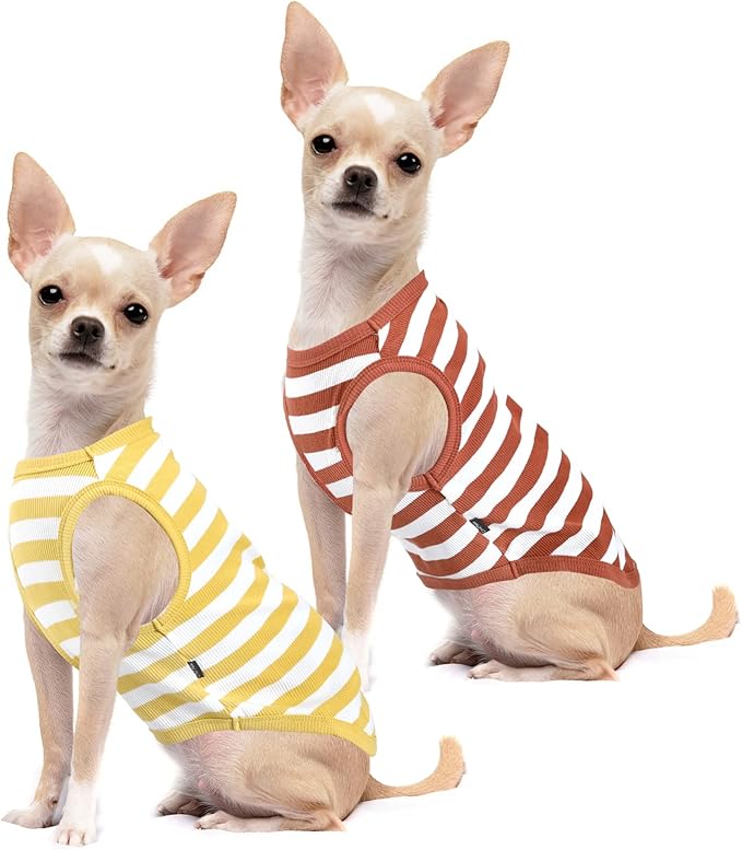 Dog Shirt Striped Dog Clothes Stretchy Vests Soft Cotton for Small Medium Large Dogs Boy Girl Puppy Clothes Lightweight Cat Outfit Kitten Tank Top Apparel T-Shirts Pack-2 Yellow & Rust 3XL