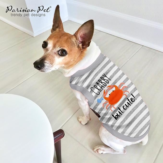 Parisian Pet Unisex Dog Tshirt - Embroidered “ Crabby but Cute“ Tank Top - Breathable and Lightweight Grey Dog Tee Shirts - Machine Washable Shirts for Small Dogs - XS