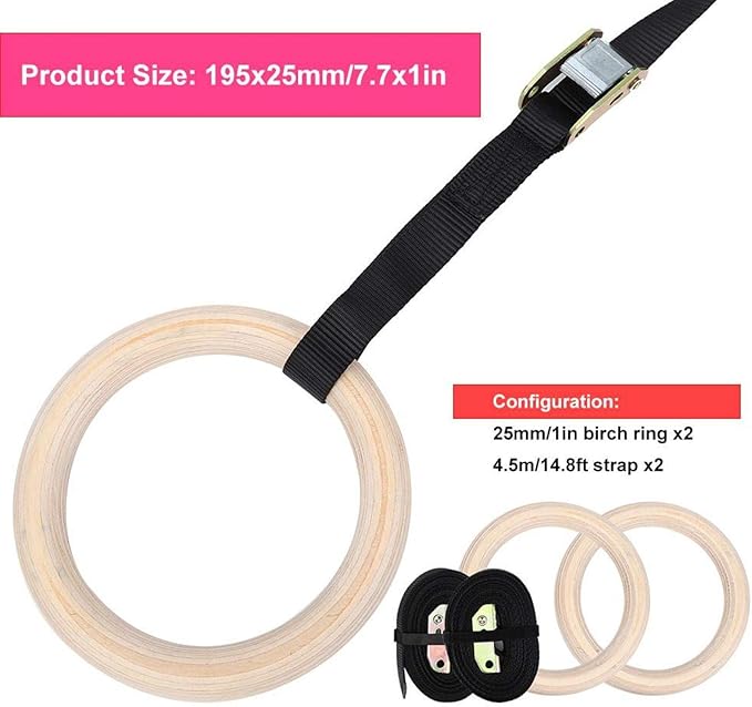 Keenso Wood Gymnastics Rings Sport Workout Equipment Wood 25mm with