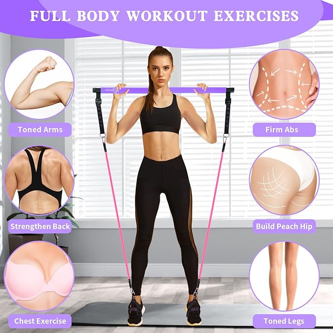 Pilates Bar Kit with Resistance Bands,Pilates Bar with Stackable Bands Workout Equipment for Legs,Hip,Waist and Arm,Exercise Fitness Equipment for Women & Men Home Gym Yoga Pilates
