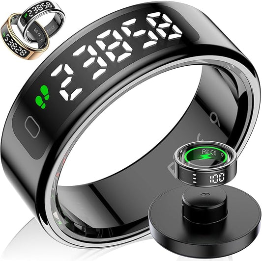 Smart Ring with LED Display Screen, Fitness Tracker Smart Rings for Women Men, Health Ring for iOS & Android, Sleep Tracker Ring Compatible with Heart Rate, SpO2, Sleep, Step (Black, 13)