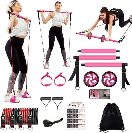 Ultimate Pilates bar kit.Multiple Fitness bar with Resistance Bands, Ab Rollers. Core Strength Training Equipment. Squat Machine for Men and Women. Portable Home Gym